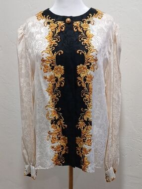 Maggy London Cream Blouse Dress with Black & Gold Floral Trim